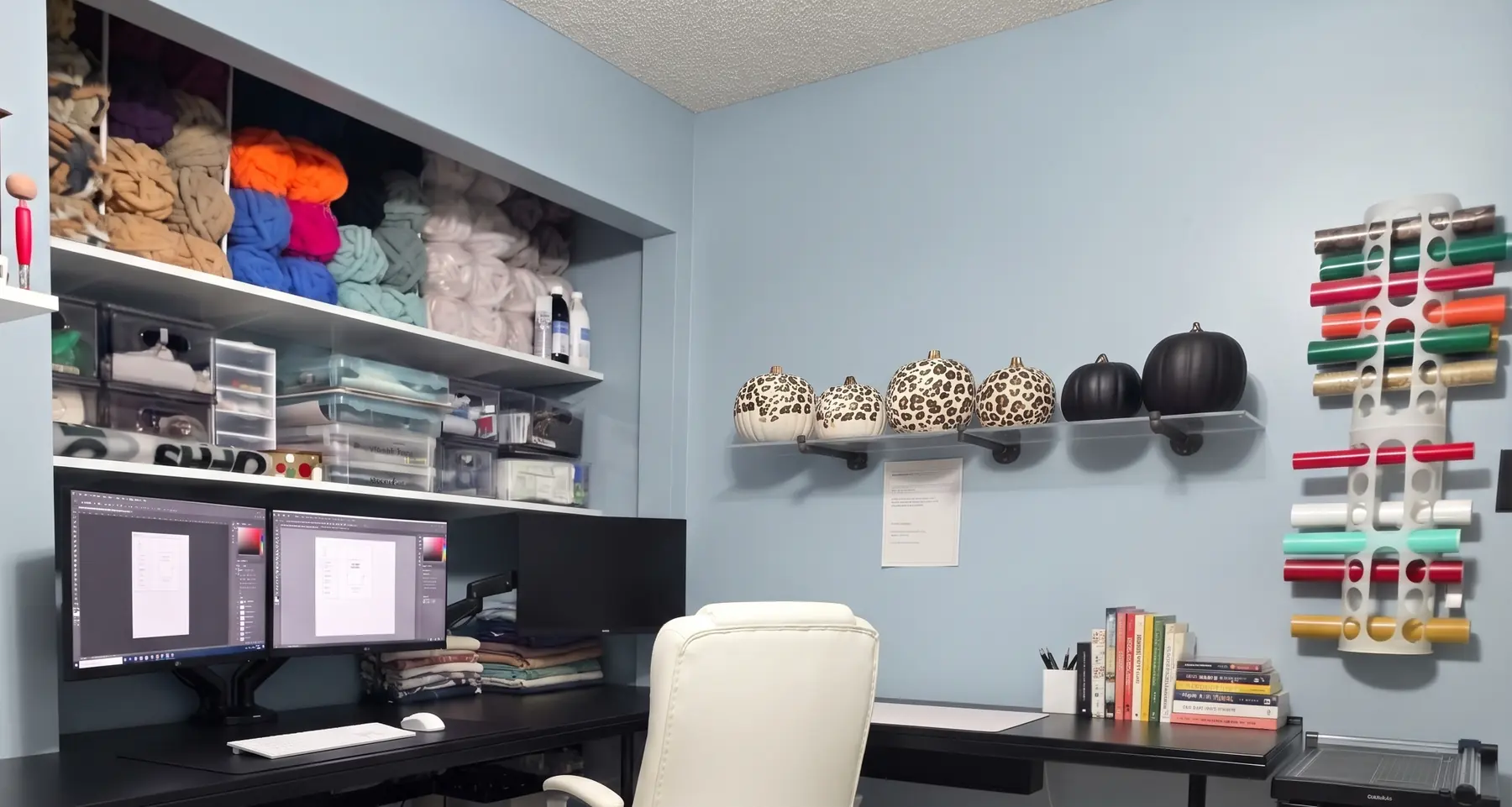 Shelves of yarn over a long black desk, decorated pumpkins on a shelf and rolls of vinyl on the wall