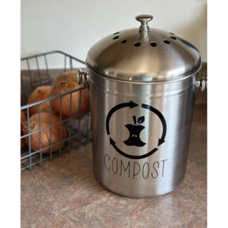 Black-Lettered Kitchen Counter Compost Bin with Stainless Steel Body and Sturdy Handle