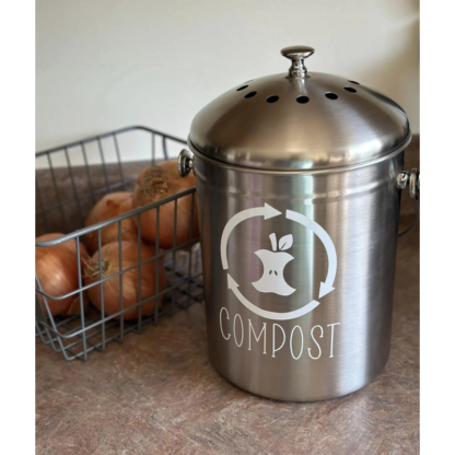 White-Lettered Kitchen Counter Compost Bin with Stainless Steel Body and Sturdy Handle