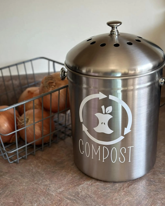 White-Lettered Kitchen Counter Compost Bin with Stainless Steel Body and Sturdy Handle
